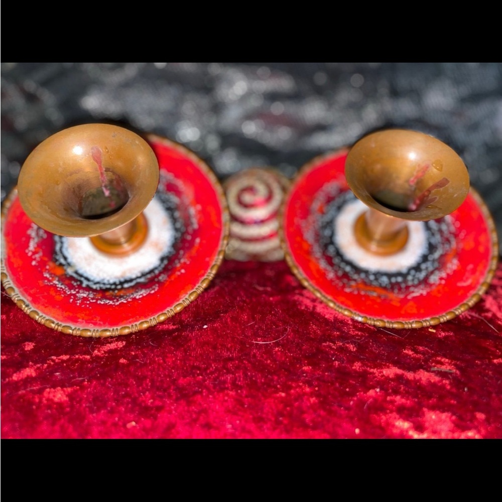 Vintage Red and white enameled candle holders